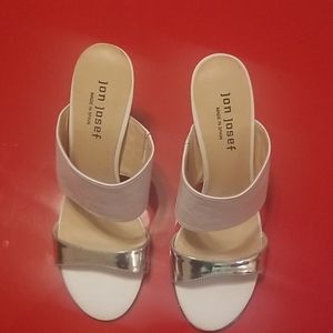 Jon Josef Block heel white leather metallic silver